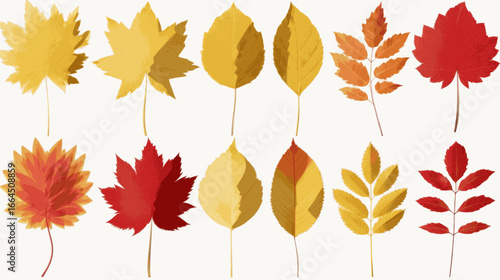 A collection of autumn leaves in various shapes and sizes. The leaves are all different colors, including red, yellow, and orange. Concept of the changing seasons and the beauty of nature