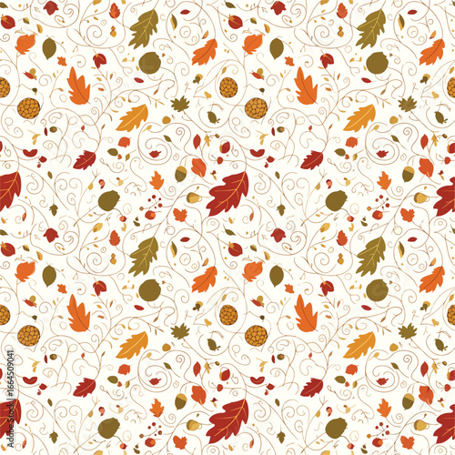 Seamless Pattern, Autumn foliage pattern with leaves, acorns, and vines on a cream background Stock royalty free image.