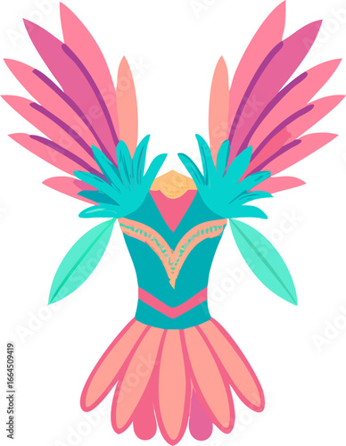 Vibrant carnival samba costume with feathers isolated on white background