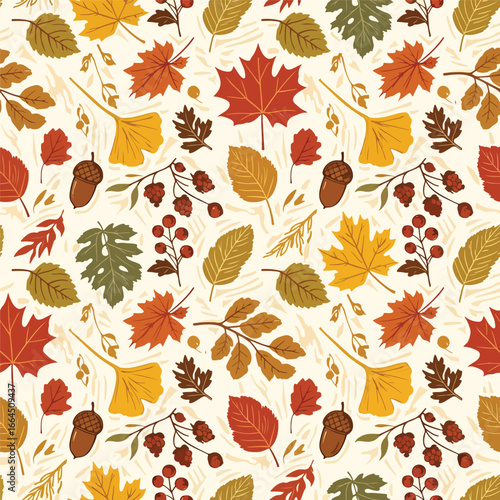 Seamless Pattern, Autumn foliage pattern featuring vibrant maple leaves, acorns and berry branches Stock royalty free image.