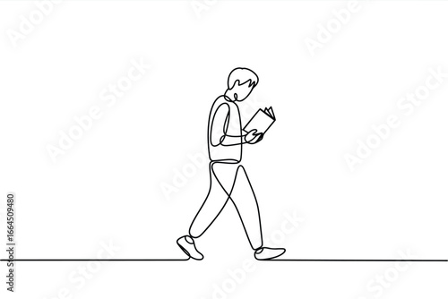 Man walking and reading a book in a simple line drawing