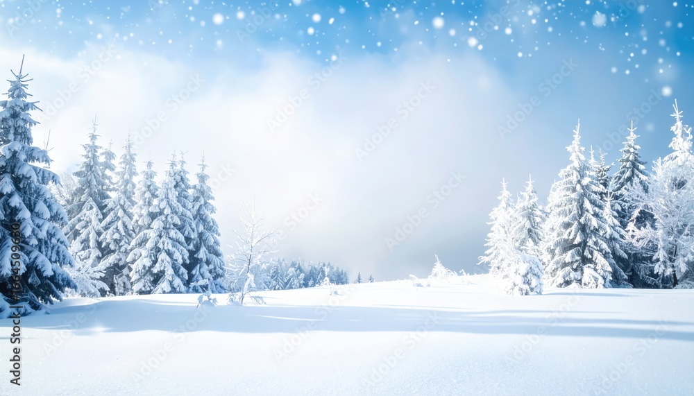 Fototapeta premium A serene winter landscape with snow-covered trees and a tranquil atmosphere, evoking the magic of the season