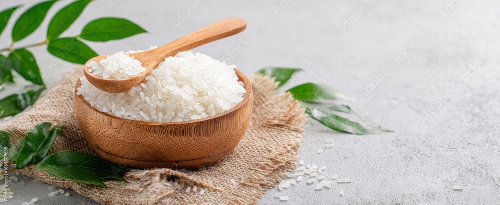 Fototapeta premium [The Rice in a Wooden Bowl with Spoon on Burlap and Leaves]