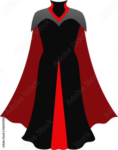 Elegant gothic vampire gown with flowing cape isolated on white background