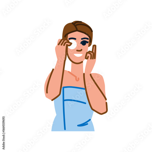 Smiling woman removing makeup with cotton pad after shower