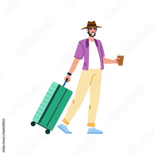 Tourist walking with suitcase and coffee, ready for vacation