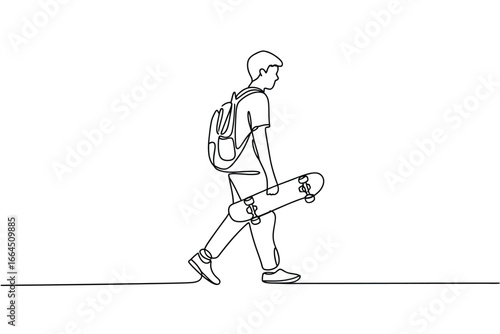 Young person with backpack carries skateboard while walking