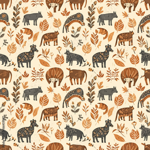 Seamless Pattern, Autumn animal pattern featuring African wildlife with leaves and plants design Stock royalty free