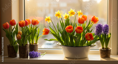 Spring Flowers in Windowsill: Tulips, Daffodils, Hyacinths