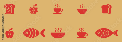 A charming collection of simple food icons, featuring steaming drinks, fresh apples, and wholesome bread.