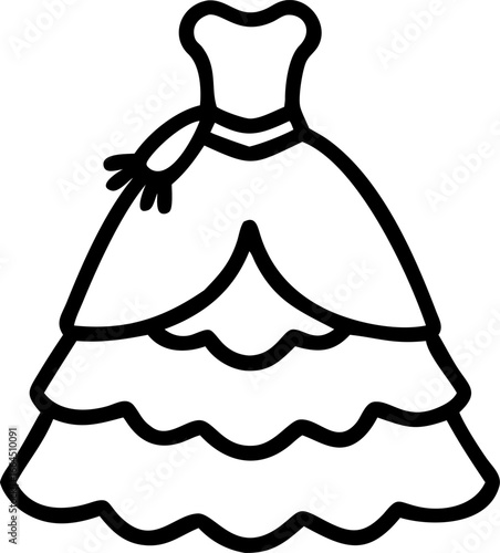 Elegant royal ballroom gown with layered ruffles and glove isolated on white background