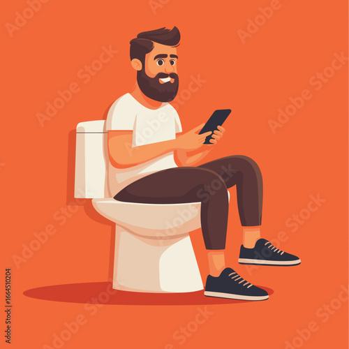 Funny Illustration of a Man Using a Phone on the Toilet