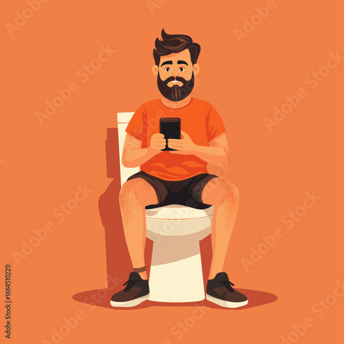 Funny Illustration of a Man Using a Phone on the Toilet
