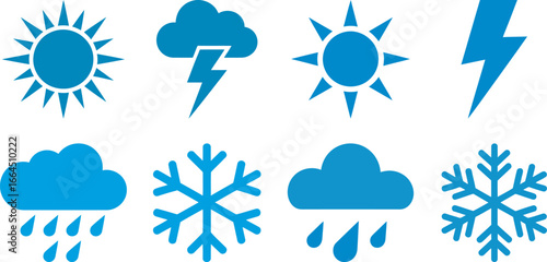 Collection of blue weather icons representing sun, rain, snow, and lightning on a white background.