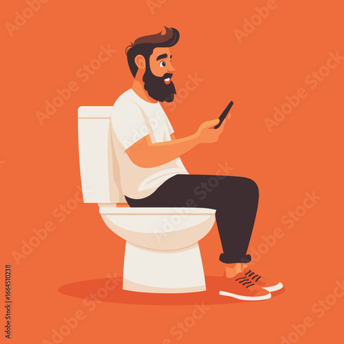 Funny Illustration of a Man Using a Phone on the Toilet