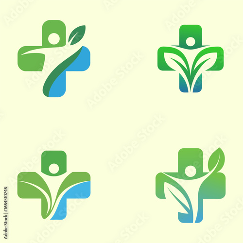 Modern healthcare logos featuring a cross, human figure, and green leaves symbolizing health and nature.
