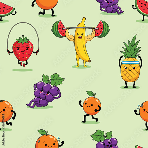 Seamless Pattern, Seamless pattern featuring cartoon fruits exercising in a playful fitness scene Stock royalty free image.
