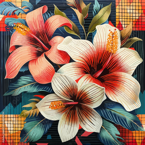 tropical flowers with geometric patterns