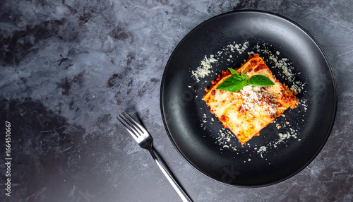 Delicious lasagna on a black plate, ready to be enjoyed