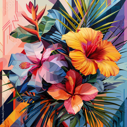 tropical flowers with geometric patterns