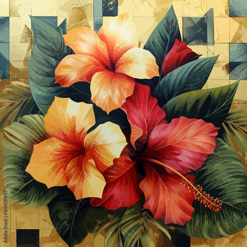 tropical flowers with geometric patterns