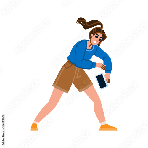 Young woman trying to catch falling smartphone with worried face expression