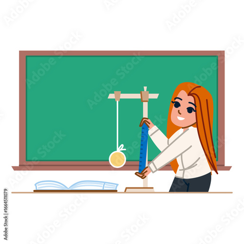 Young physicist measuring pendulum oscillation in classroom
