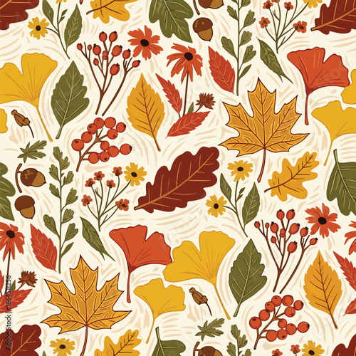 Seamless Pattern, Seamless pattern featuring fall foliage with maple leaves, acorns, and berries Stock royalty free