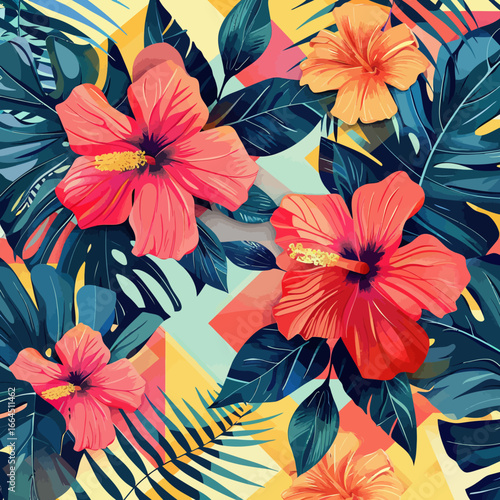 tropical flowers with geometric patterns