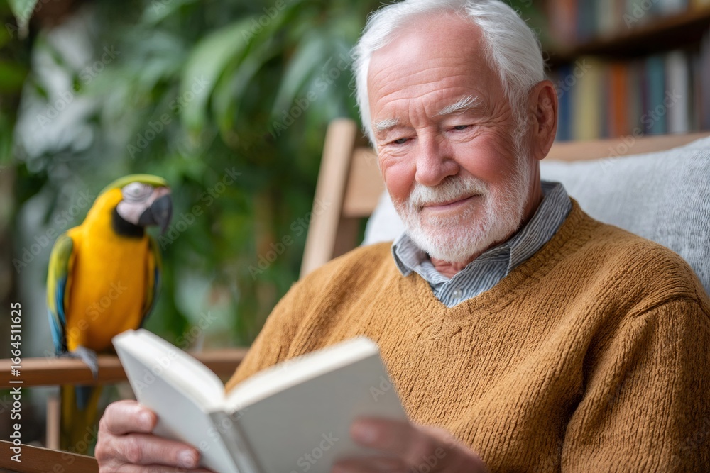 Obraz premium Senior man reading a book with his parrot companion at home
