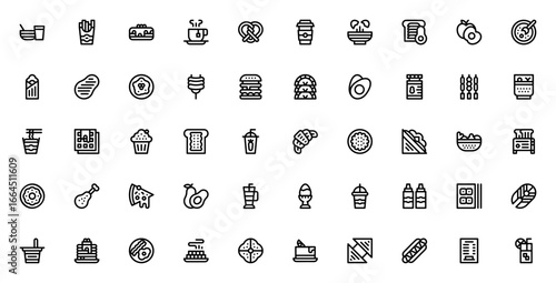 Food icon set. Vector illustration. Minimalist food and beverage icons. Includes cornflakes, french fries, coffee, pizza, sushi, burger, smoothie, barbecue and more. Editable vector stroke.