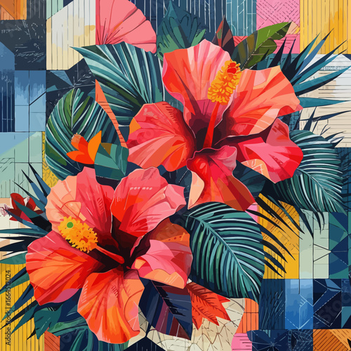 tropical flowers with geometric patterns