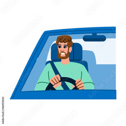 Smiling bearded man driving a car, wearing seatbelt, safe driving practices