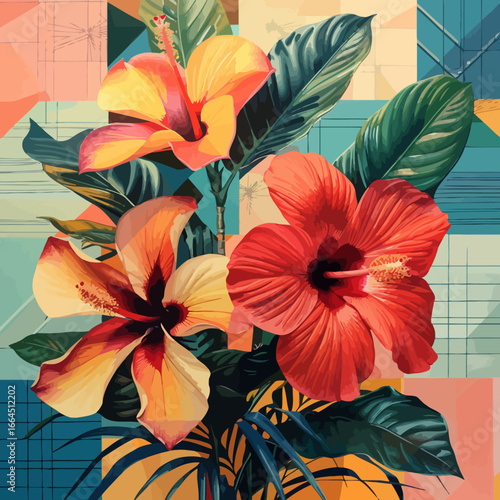tropical flowers with geometric patterns
