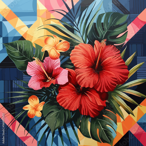 tropical flowers with geometric patterns