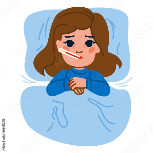 Sick child laying in bed with thermometer measuring fever