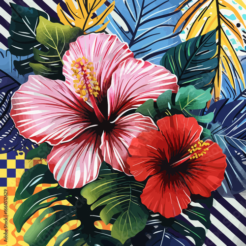 tropical flowers with geometric patterns