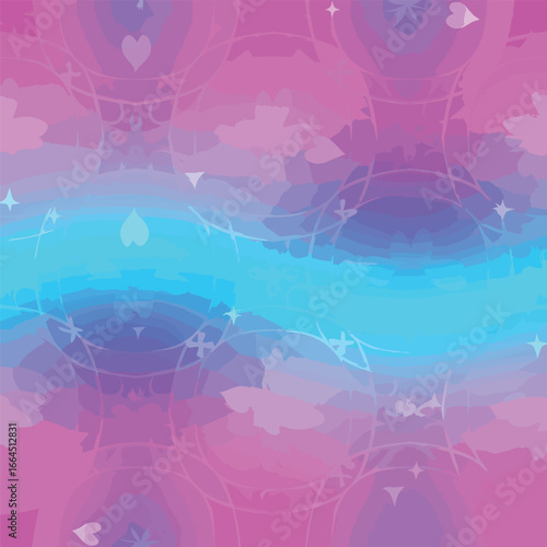 Seamless Pattern, Abstract watercolor pattern with hearts, stars and circles in pink and blue hues Stock royalty free image.