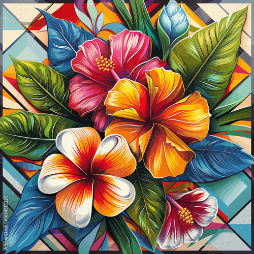 tropical flowers with geometric patterns