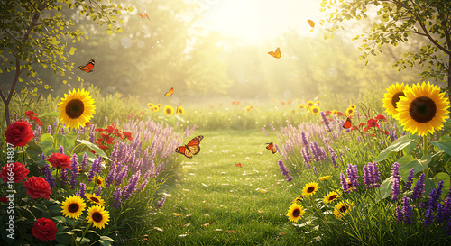 Sunlit Meadow Path with Butterflies and Flowers