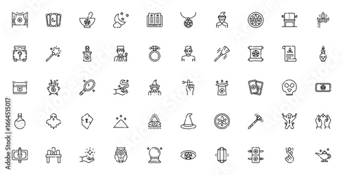 Magic icon set. Vector illustration. Witchcraft and wizardry symbols collection. Includes magic wand, spell book, cauldron, tarot card, potion, skull, rune, ghost, and more. Editable stroke.