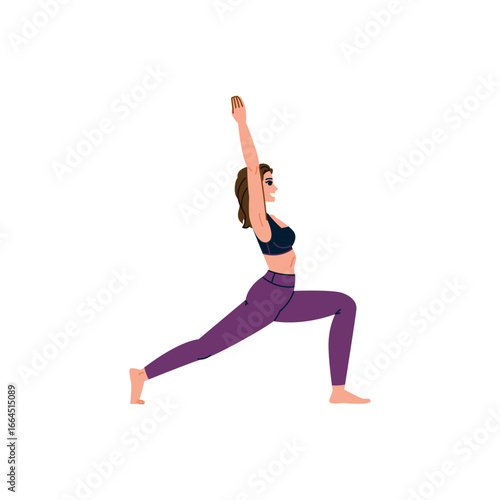 Young woman practicing yoga crescent lunge pose on white background
