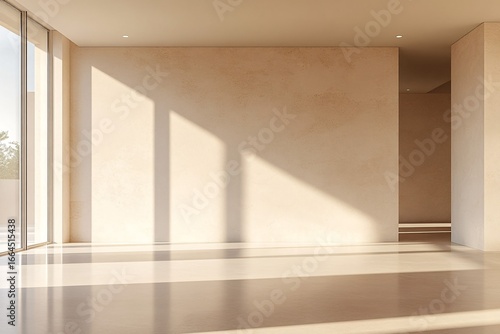 Empty room with large windows and sunlight creating shadows on the wall.