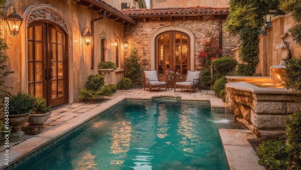 Fototapeta premium Tranquil courtyard pool, Italian-style home