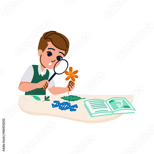 Curious pupil studying biology with magnifying glass and textbook