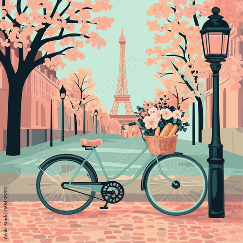 Eiffel Tower View with Floral Bicycle Down a Cobblestone Street