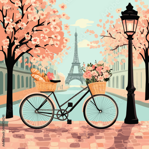 Eiffel Tower View with Floral Bicycle Down a Cobblestone Street