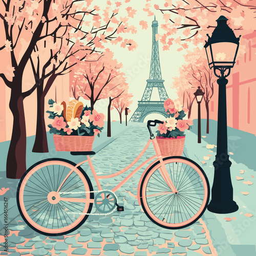 Eiffel Tower View with Floral Bicycle Down a Cobblestone Street