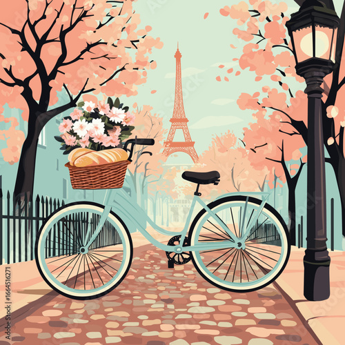 Eiffel Tower View with Floral Bicycle Down a Cobblestone Street