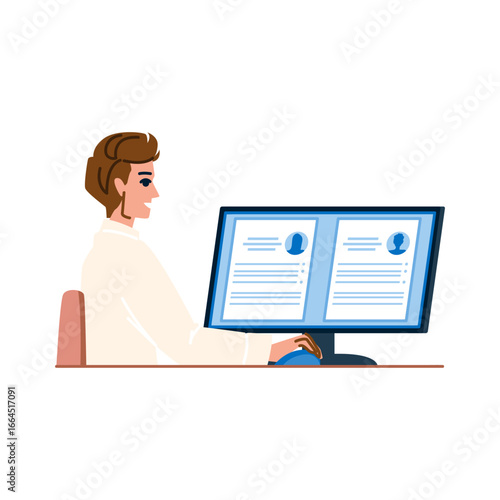 Hr manager reading curriculum vitae of applicants on computer screen